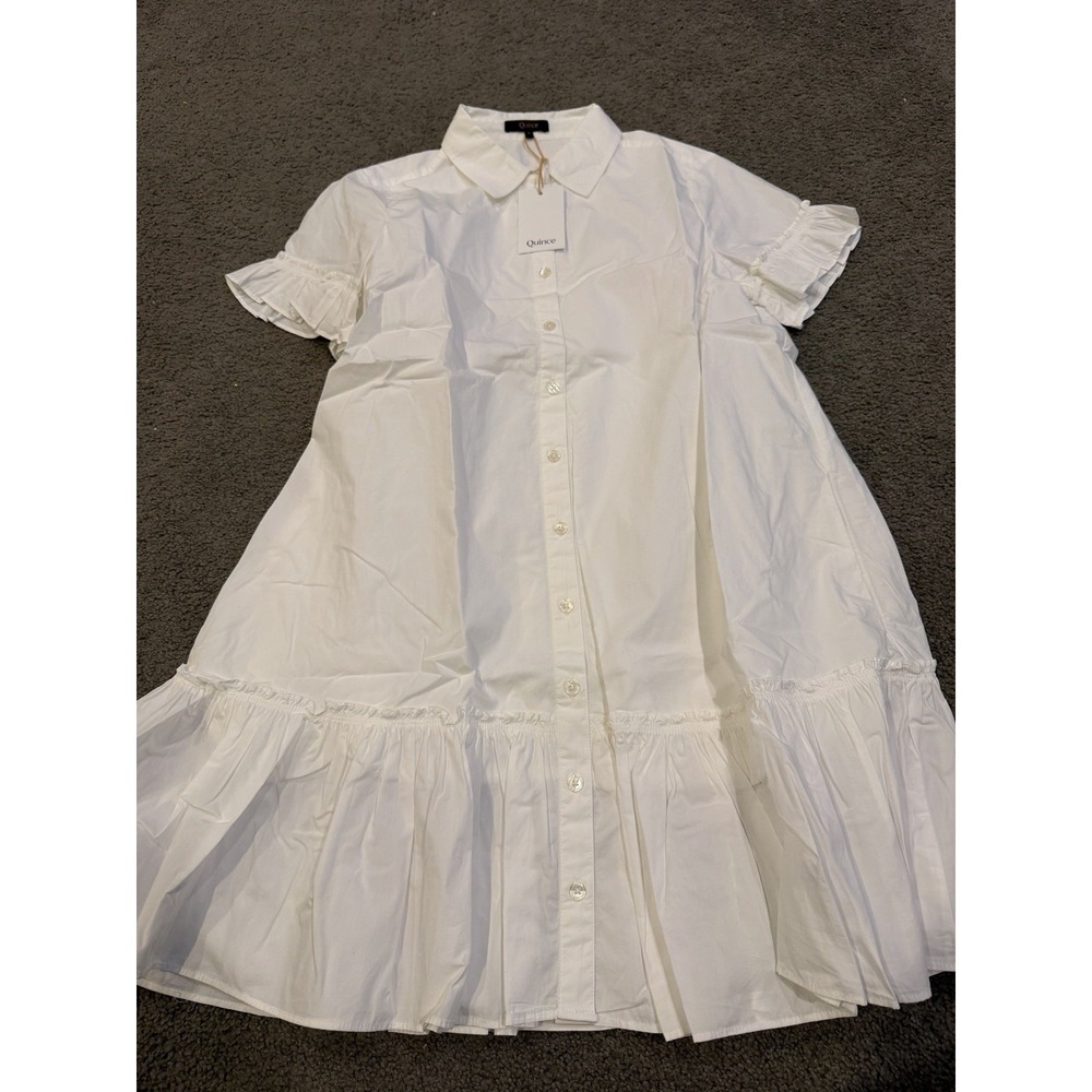 Quince Basic Sleeved Dress Poplin Short Ruffle Shirt Dress White Women's Size S